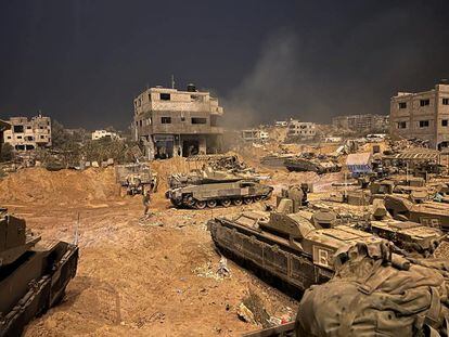 Israeli armored combat vehicles at an undetermined location in the Gaza Strip on Wednesday.