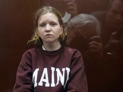 Darya Trepova, suspected of involvement in a bombing at a St. Petersburg cafe, sits in a cage in the courtroom prior to a court session in the Basmanny District Court, in Moscow, April 4, 2023.