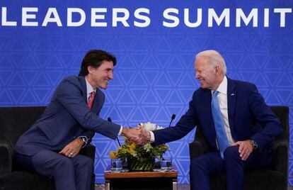 U.S. President Joe Biden shakes hands with Canadian Prime Minister Justin Trudeau during a bilateral meeting at the North American Leaders' Summit in Mexico City, on January 10, 2023.