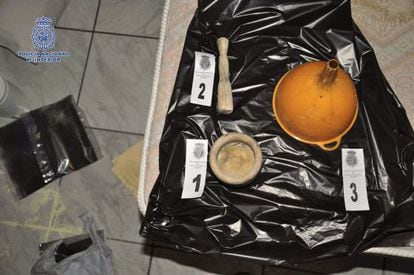 A photo supplied by the police of the explosive materials found in a Madrid hostel.