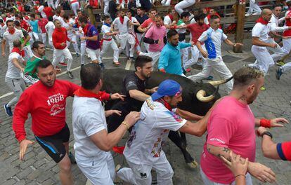 Runners touch a Jandilla bull as it races towards the bullring in Pamplona.