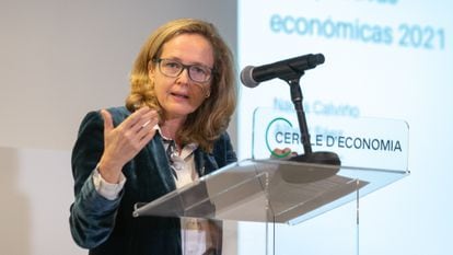 Economy Minister Nadia Calviño speaking at Barcelona's Cercle d'Economia on Monday.