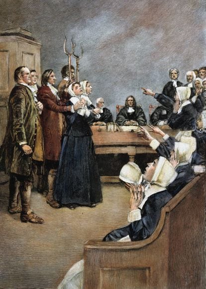 Illustration of the 1692 trial of two Salem witches. The Granger Collection.