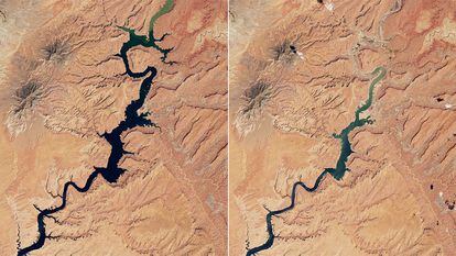 NASA images of Lake Powell in the Castle Butte area, on August 16, 2017 (l) and on August 6, 2022 (r).