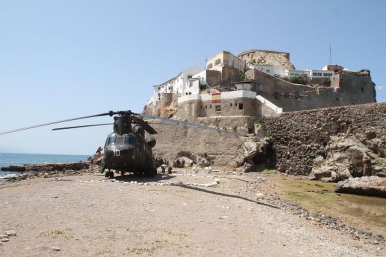 An army helicopter on the Peñon de Vélez de la Gomera