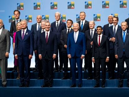 The heads of state and government leaders of NATO member-countries and NATO Secretary General Jens Stoltenberg (third from left) in Vilnius on Tuesday