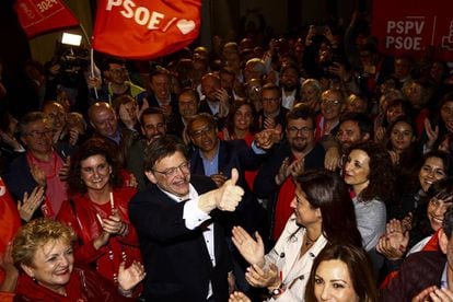 PSOE premier Ximo Puig celebrates after win at regional elections in Valencia.