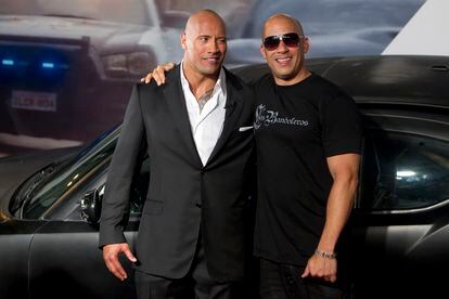 Dwayne Johnson 'The Rock' and Vin Diesel pose during the promotion of 'Fast & Furious 5' in Rio de Janeiro.