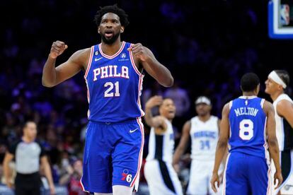 Philadelphia 76ers' Joel Embiid reacts during the second half of an NBA basketball game against the Orlando Magic, Monday, Jan. 30, 2023, in Philadelphia.