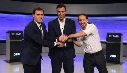 Albert Rivera, Pedro Sánchez and Pablo Iglesias at the EL PAIS election debate in December.