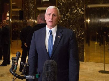 Vice-President Mike Pence speaking in New York on Tuesday.