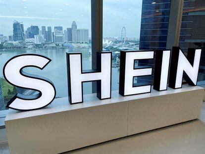 A Shein logo is pictured at the company's office in the central business district of Singapore, October 18, 2022.