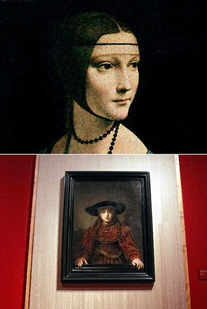 Top: Lady with an Ermine, a masterpiece painted in Milan by Leonardo da Vinci around the year 1490. Below: one of the exhibition rooms in the Royal Palace with work from the Polish Golden Age exhibition.