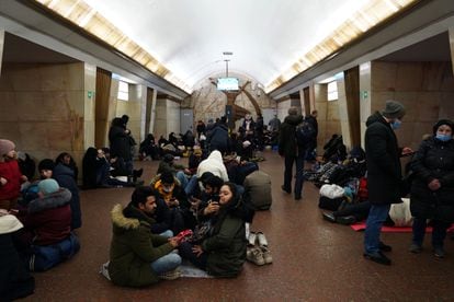 Dozens of Ukrainians take refuge underground at a station called Ploshcha Lva Tolstoho.