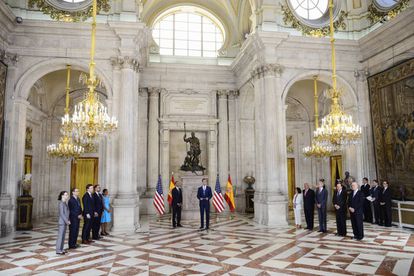 US President Barack Obama and King Felipe VI inside the column room at the Spanish royal palace.