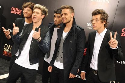 From left to right, Louis Tomlinson, Niall Horan, Zayn Malik, Liam Payne and Harry Styles at the premiere of the movie ‘One Direction: This Is Us’ in New York, August 2013.