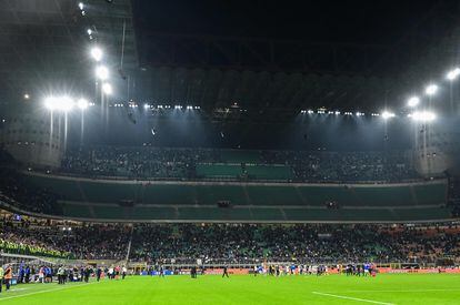 The Curva Nord at the Giuseppe Meazza stadium stands empty after supporters were forced from the stands by ultras after the death of Vittorio Boiocchi last Saturday.