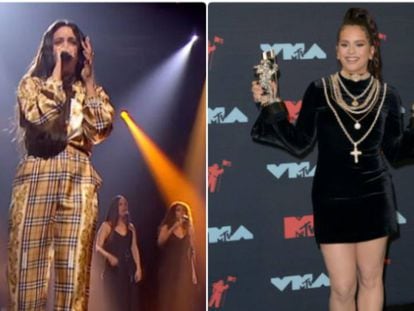 Rosalía performing on the BBC (l) and with her MTV Music Video Awards.