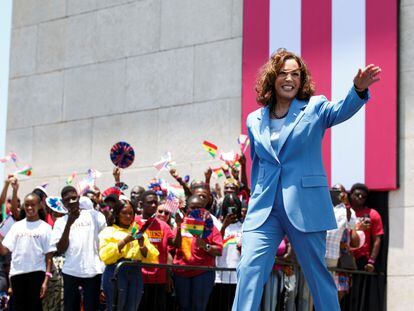 U.S. Vice President Kamala Harris waves as she arrives to address youth gathered on Black Star square in Accra, Ghana, on March 28, 2023