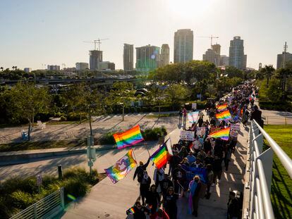 Marchers make their way toward the St. Pete Pier in St. Petersburg, Fla., on March 12, 2022, during a march to protest the controversial "Don't say gay" bill passed by Florida's Republican-led legislature.