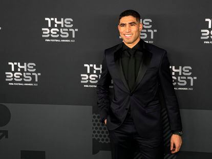 Moroccan player Achraf Hakimi poses on the green carpet before the ceremony of the Best FIFA Football Awards in Paris, France, Monday, Feb. 27, 2023.
