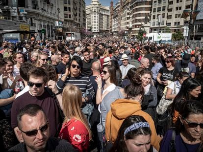 Crowds await the start of the ‘mascletà’ in the city of Valencia on Tuesday.