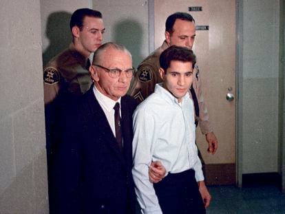 This June 1968 photo shows Sirhan Sirhan, right, accused assassin of Sen. Robert F. Kennedy, with his attorney Russell E. Parsons in Los Angeles.