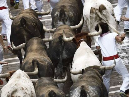 A bull-run at the Sanfermines in Pamplona.