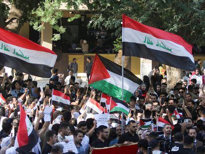 Iraqis students gather during a protest in support of Palestinians in Baghdad, Iraq, October 18, 2023.