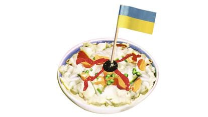 A plate of Russian salad, which is now being called Kiev salad in Spain.