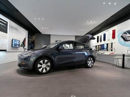 A Tesla Model Y Long Range is displayed on February 24, 2021, at the Tesla Gallery in Troy, Michigan.