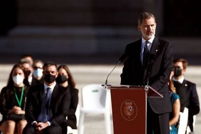 King Felipe VI during his speech at the tribute in Madrid’s Royal Palace.