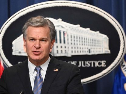 FBI Director Christopher Wray speaks during a press conference on January 26, 2023, at the Justice Department in Washington, DC.