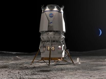 This image provided by Blue Origin shows the Blue Moon lander. Jeff Bezos' Blue Origin received a $3.4 billion contract Friday, May 19, 2023, to develop a lunar lander named Blue Moon. It will be used to transport astronauts to the lunar surface as early as 2029.