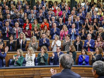 Spain's PM Pedro Sánchez receives applause from the Socialists after his address in parliament on Wednesday.