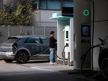 A Hyundai Ioniq 5 electric vehicle is charged at Chaevi Stay Charging Station in Seoul, South Korea, October 18, 2023.