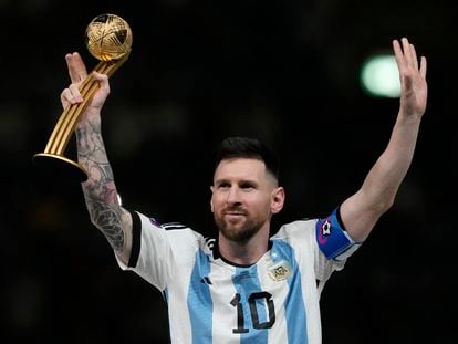 Argentina's Lionel Messi waves after receiving the Golden Ball award for best player of the tournament at the end of the World Cup in Lusail, Qatar, Sunday, Dec. 18, 2022.