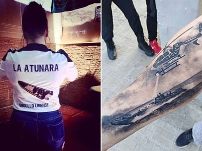 Viral photo of a girl wearing a shirt with a narco boat (l) and a police chase tattoo.