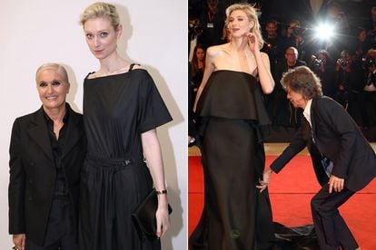 Maria Grazia Chiuri i Elisabeth Debicki na pokazie Dior Wiosna-Lato 2022;  oraz Debicki z Mickiem Jaggerem na premierze The Burnt Orange Heresy na Międzynarodowym Festiwalu Filmowym w Wenecji w 2019 roku.