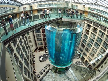 View of the AquaDom, the largest freestanding cylindrical aquarium in the world located in Berlin, Germany, 29 July 2015.