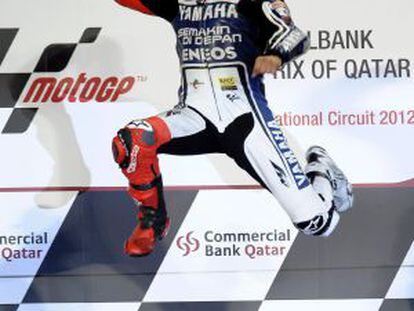 Jorge Lorenzo celebrates his MotoGP win in Qatar on Sunday.