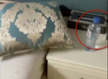 A water bottle is seen in a hotel room where Russian opposition politician Alexei Navalny stayed during his visit to the Siberian city of Tomsk.