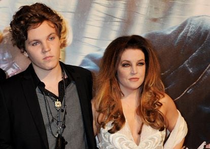 Lisa Marie Presley and her son, Ben Keough, at a movie premiere on November 11, 2010, in London, England.