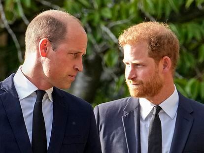 Britain's Prince William and Britain's Prince Harry walk beside each other after viewing the floral tributes for the late Queen Elizabeth II outside Windsor Castle, in 2022.