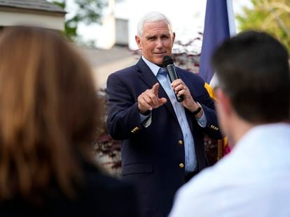 Former Vice President Mike Pence speaks to local residents during a meet and greet, on May 23, 2023, in Des Moines, Iowa.