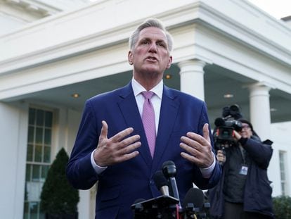 House Speaker Kevin McCarthy talks to reporters after he met with President Biden at the White House in Washington, February 1, 2023.