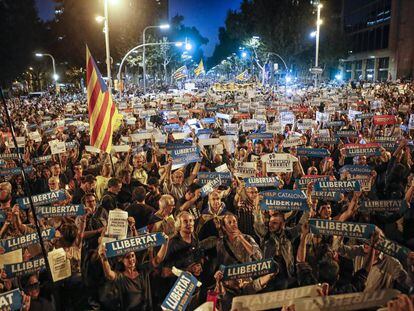 A protest in Barcelona against the arrest of two of the Catalan separatist leaders.