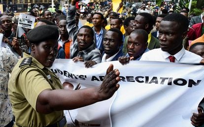Demonstrators march to support Uganda’s anti-LGBTQ+ law.