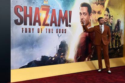 Zachary Levi arrives at the world premiere of "Shazam! Fury of the Gods" on Tuesday, March 14, 2023, at the Regency Village Theatre in Los Angeles.