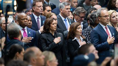 New York City Mayor Eric Adams, US Vice President Kamala Harris and Kathy Hochul, Governor of New York, at the National September 11 Memorial during an annual ceremony to commemorate the 22nd anniversary of the September 11 terrorist attacks in New York, New York, USA, 11 September 2023.